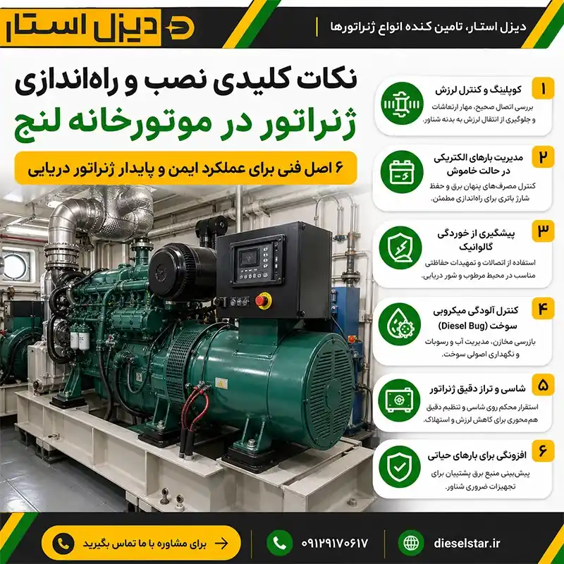 نکات کلیدی نصب و راه&zwnj;اندازی ژنراتور در موتورخانه لنج شامل تهویه مناسب، مهار لرزش، سیستم خنک&zwnj;کننده و ایمنی تجهیزات دریایی