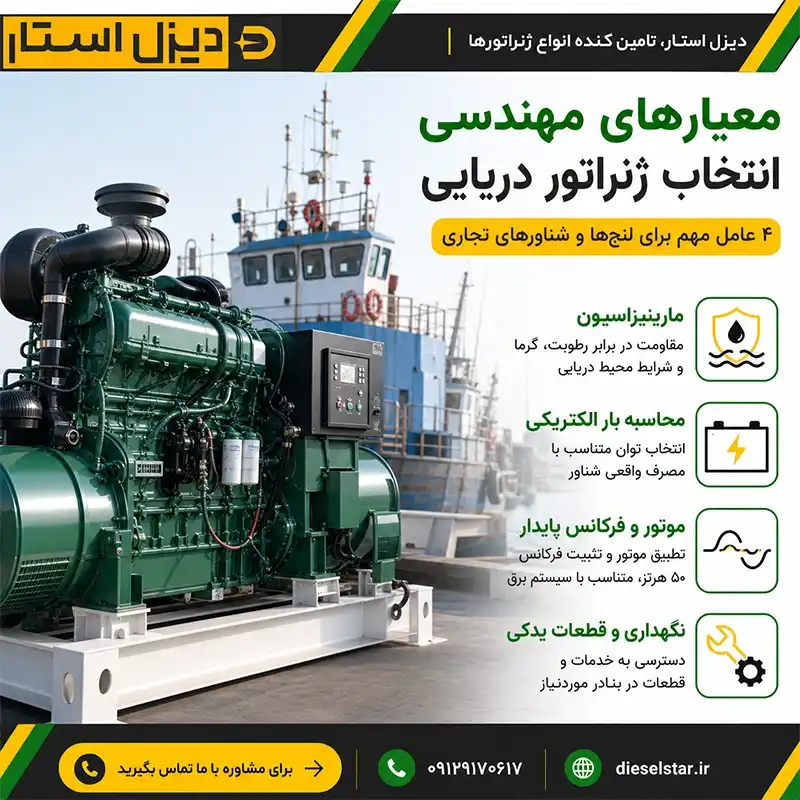 معیارهای مهندسی انتخاب ژنراتور لنج و شناورهای تجاری بر اساس توان مصرفی، شرایط کاری، سیستم خنک&zwnj;کننده و استانداردهای دریایی